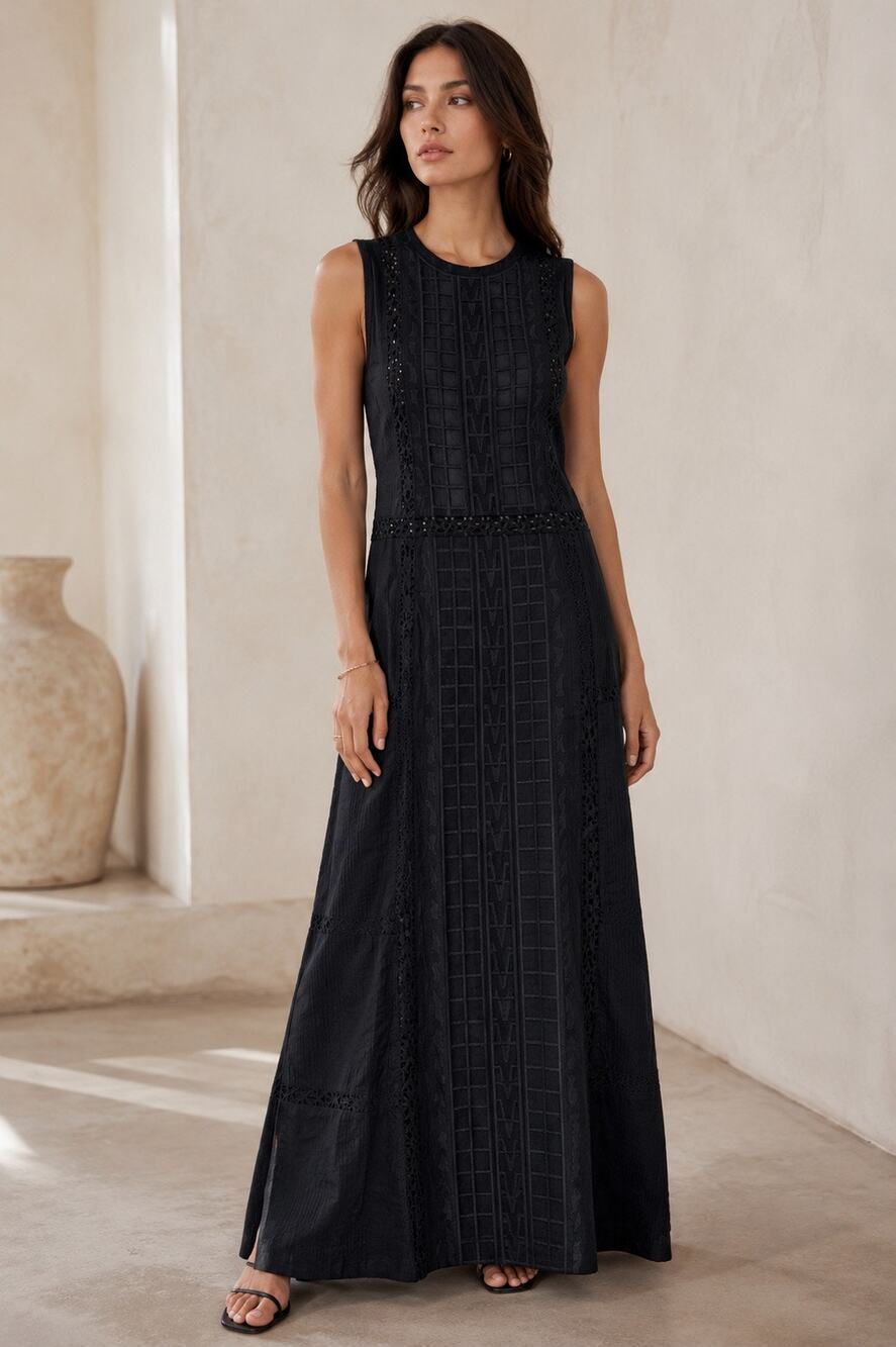 Sea New York Black Lace OVerlay Panel Maxi Dress Sleeveless Boho Minimalist Sz 2